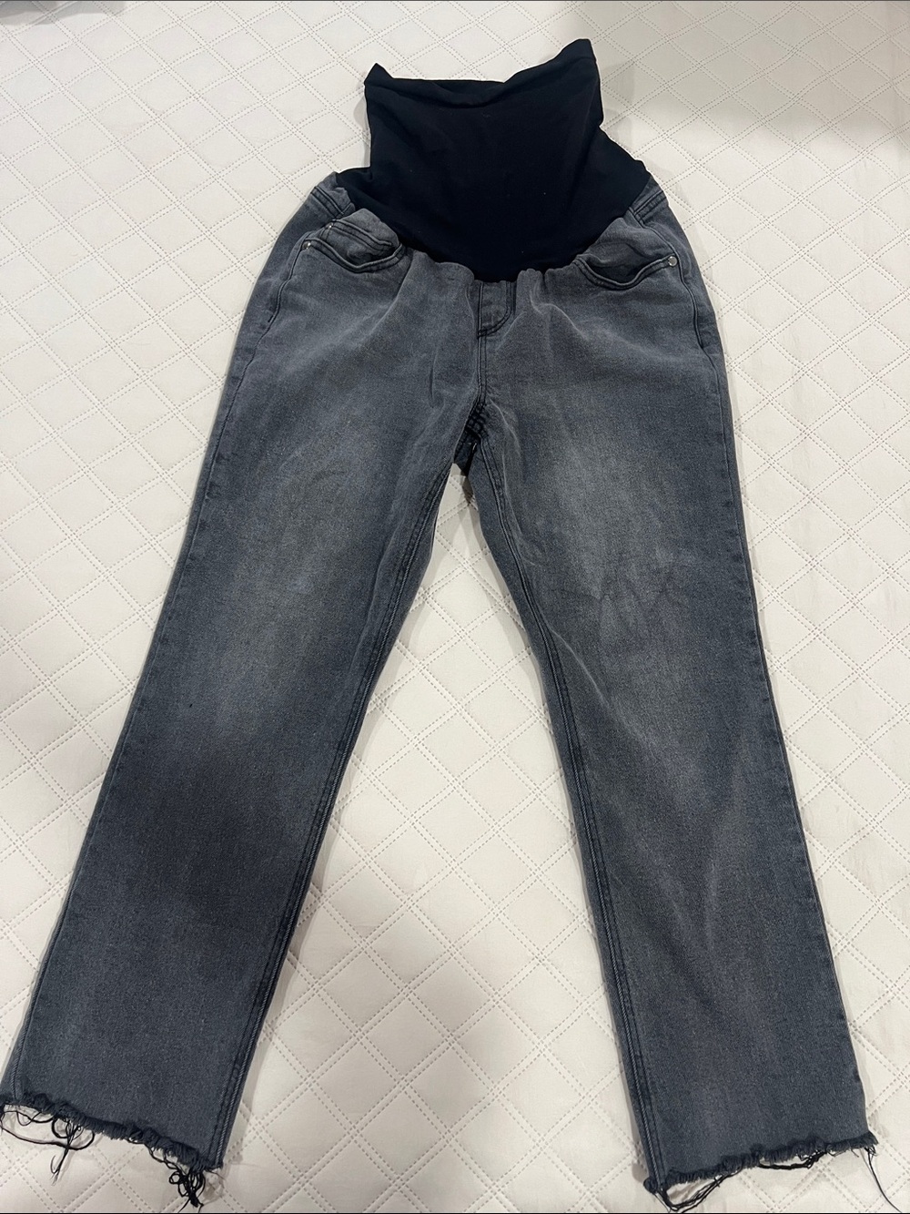 Motherhood Straight-Leg Maternity Jeans - Black Waist Panel, Washed Gray Denim